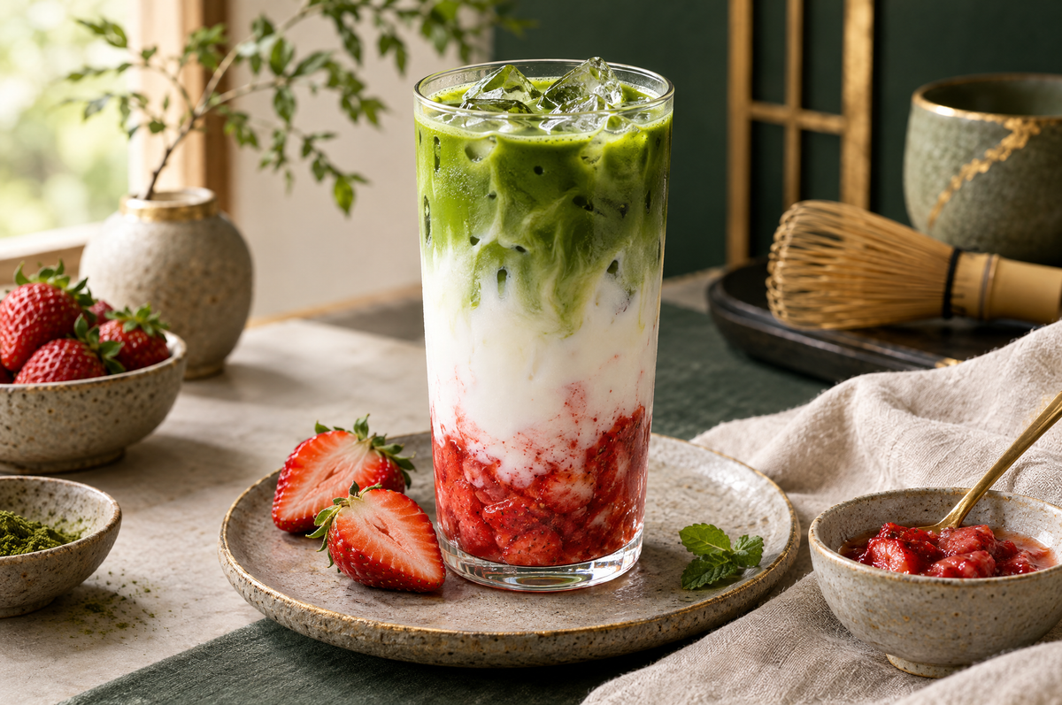 Layered strawberry matcha latte in a tall glass with fresh strawberries