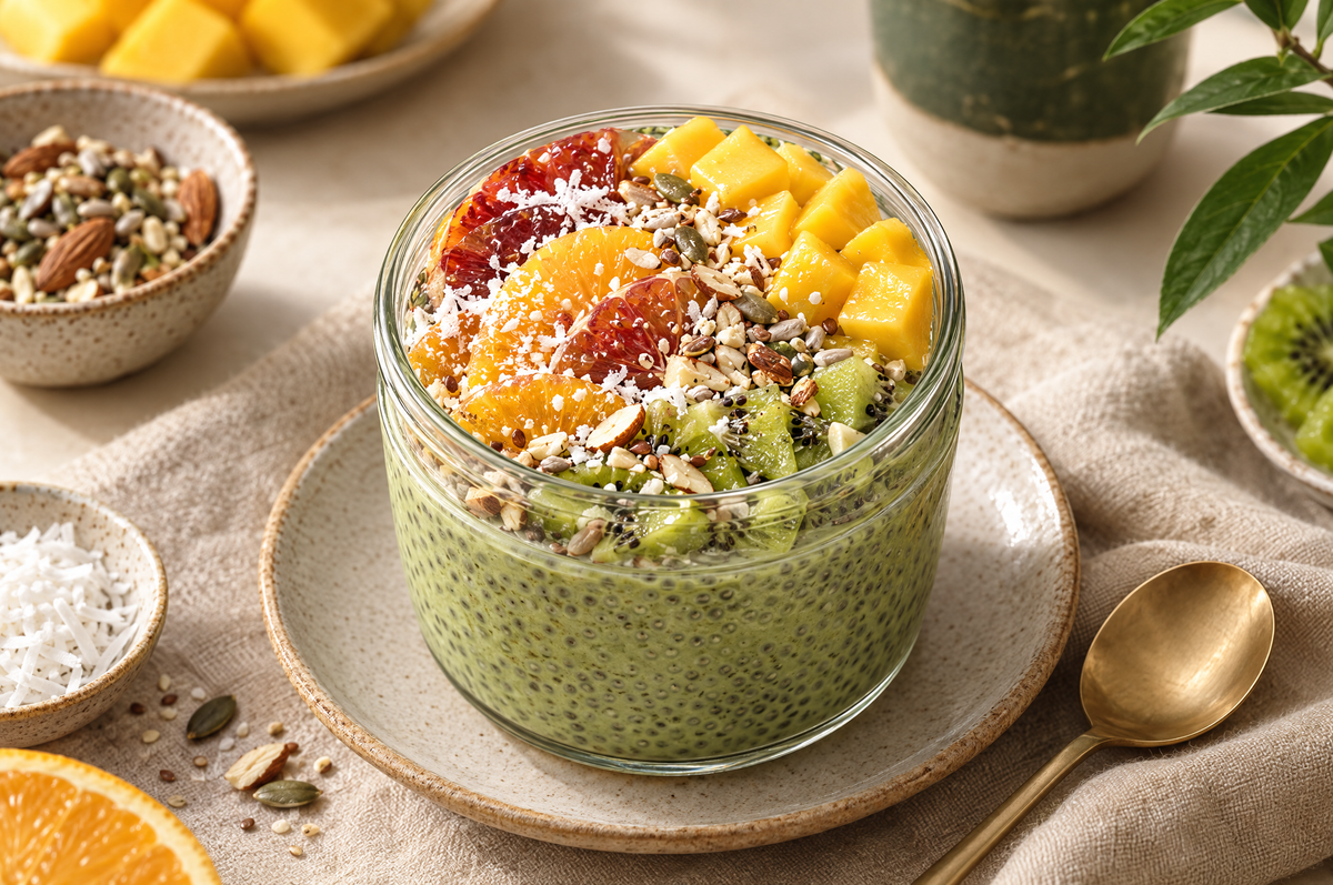 Matcha chia pudding in a glass jar topped with mango, kiwi, orange and coconut