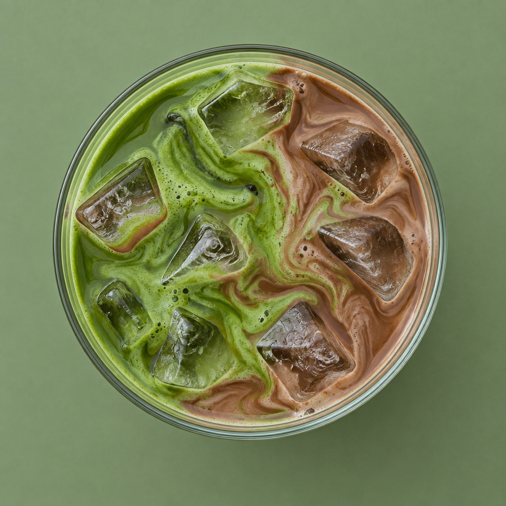 Iced chocolate matcha latte, overhead view