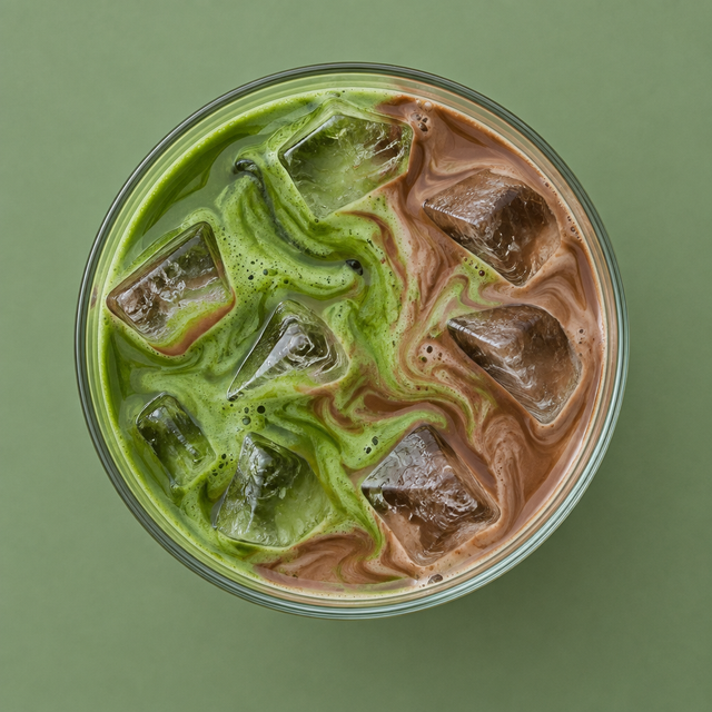 Iced chocolate matcha latte, overhead view