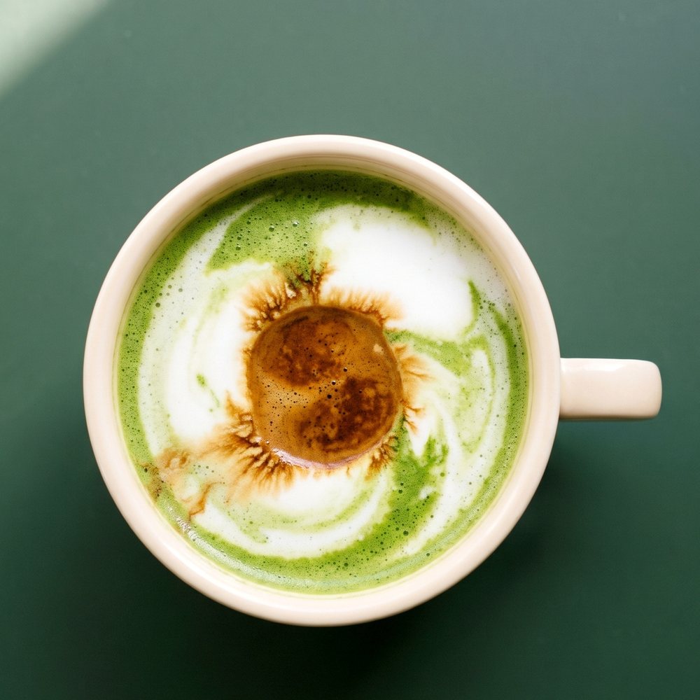 Dirty matcha with an espresso pool poured through the centre
