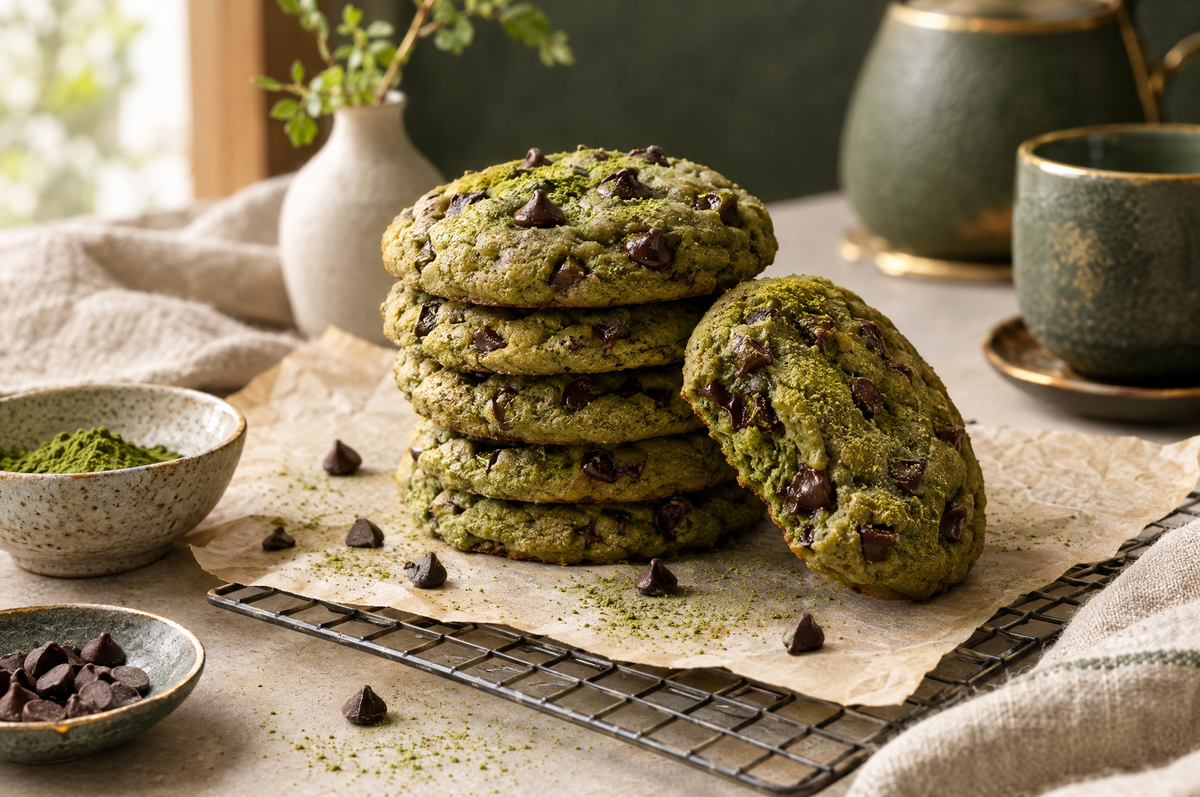 Stack of soft green matcha chocolate-chip cookies with dark chocolate chips