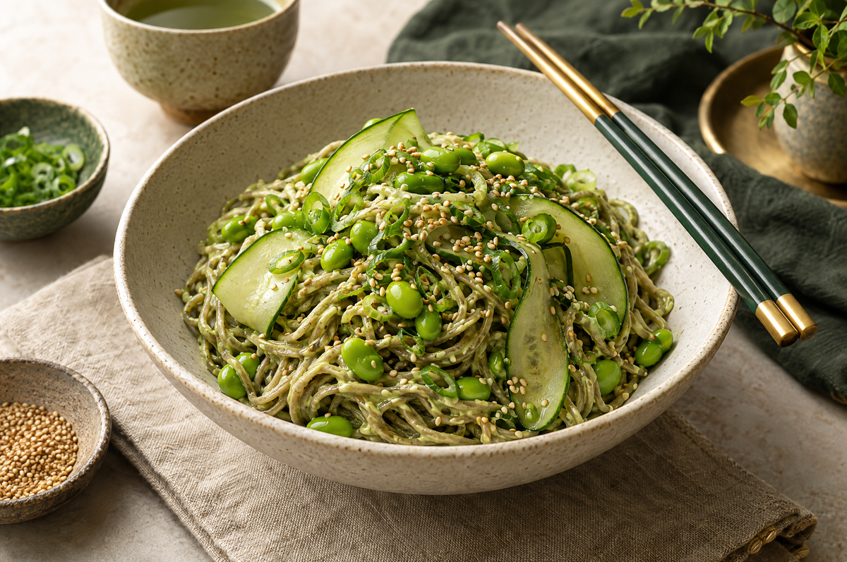 Chilled matcha soba noodle salad with cucumber, edamame, scallion and sesame