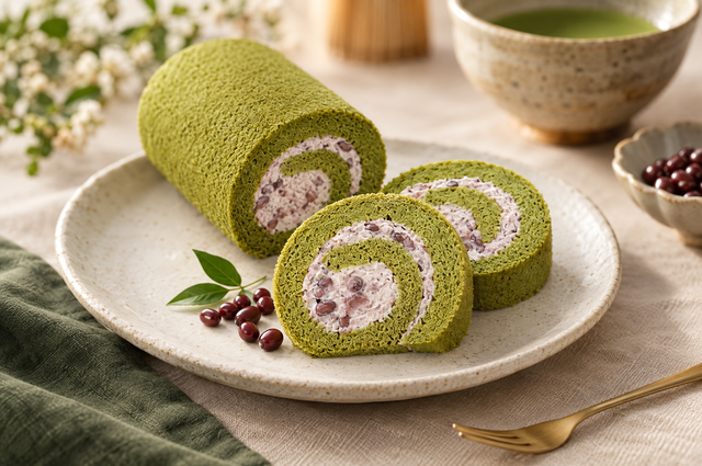 Sliced Japanese matcha cake roll revealing an adzuki red bean cream spiral