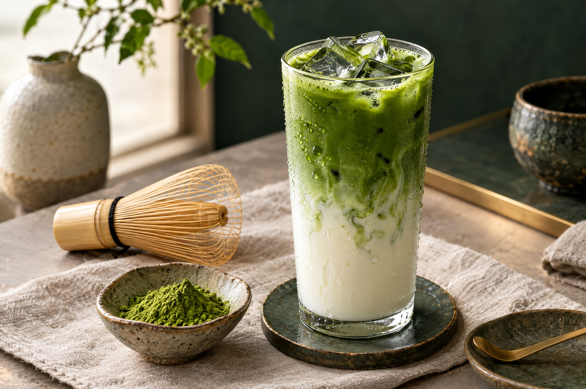 Iced matcha latte with bright green matcha layered over milk and a bamboo whisk