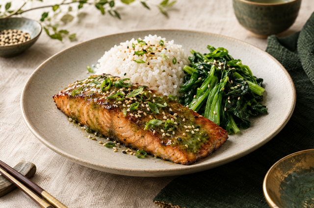 Roasted matcha miso-glazed salmon plated with steamed rice and greens