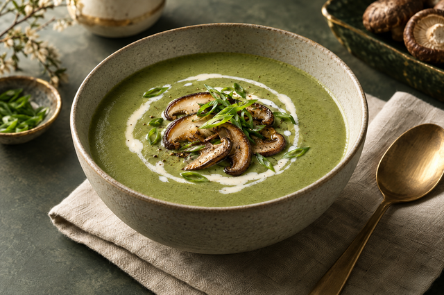 Bowl of creamy matcha and shiitake mushroom soup with cream swirl and scallion