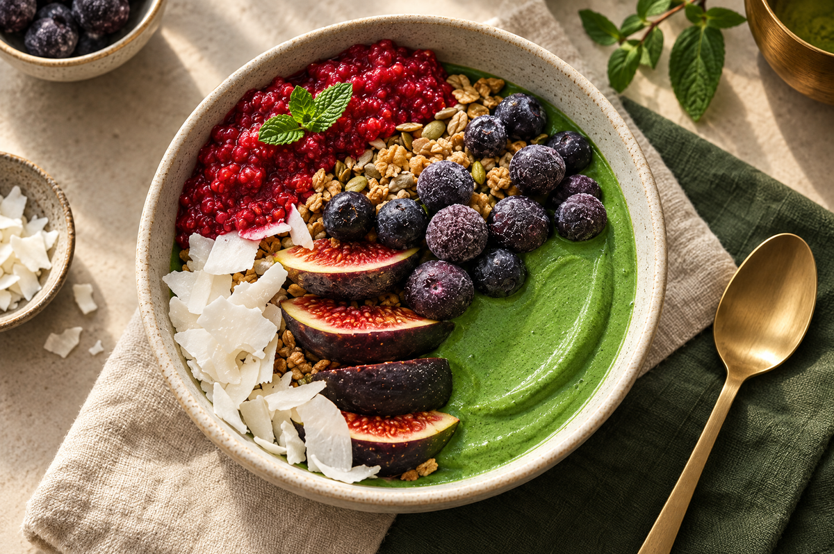 Green matcha and spinach smoothie bowl topped with raspberry compote, granola and fruit