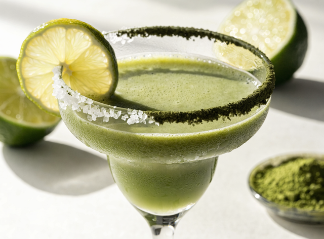 Jade-green matcha margarita with a salt-and-matcha rim and lime wheel