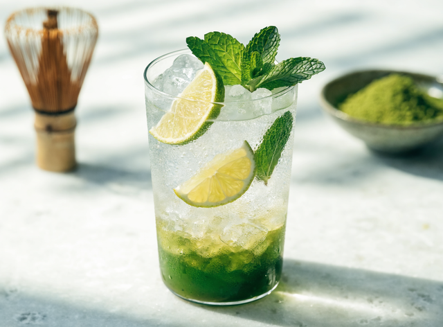 Matcha mojito over crushed ice with fresh mint and lime
