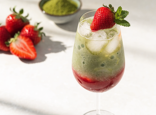 Layered strawberry matcha spritz with a ruby strawberry base and jade matcha float