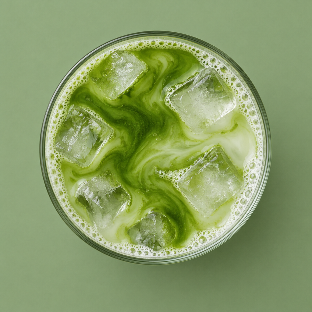 Iced matcha coconut water, overhead view