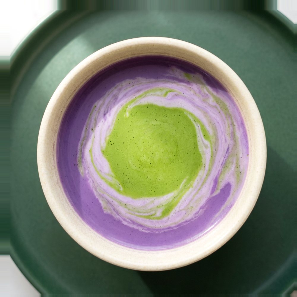 Ube matcha — violet latte with a jade matcha centre