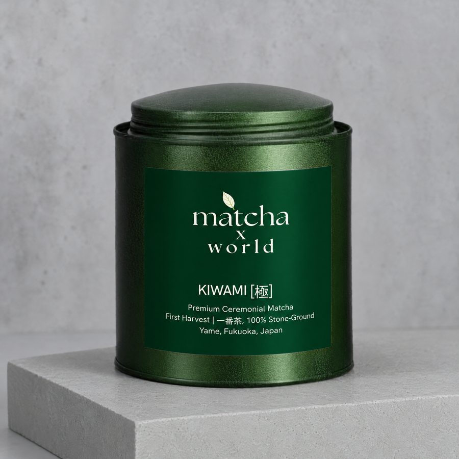 KIWAMI ceremonial matcha tin on a grey concrete studio plinth