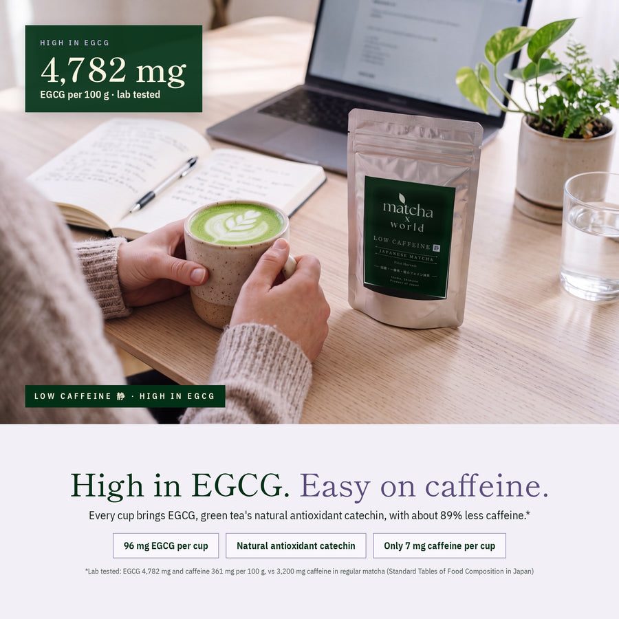LOW CAFFEINE 静 First Harvest Japanese Matcha Powder, Over 85% Less Caffeine (7 mg per Cup, Lab Tested), Izumo Shimane, 30 g