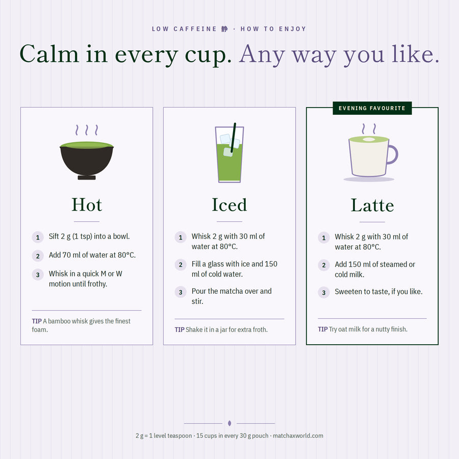 LOW CAFFEINE 静 First Harvest Japanese Matcha Powder, Over 85% Less Caffeine (7 mg per Cup, Lab Tested), Izumo Shimane, 30 g
