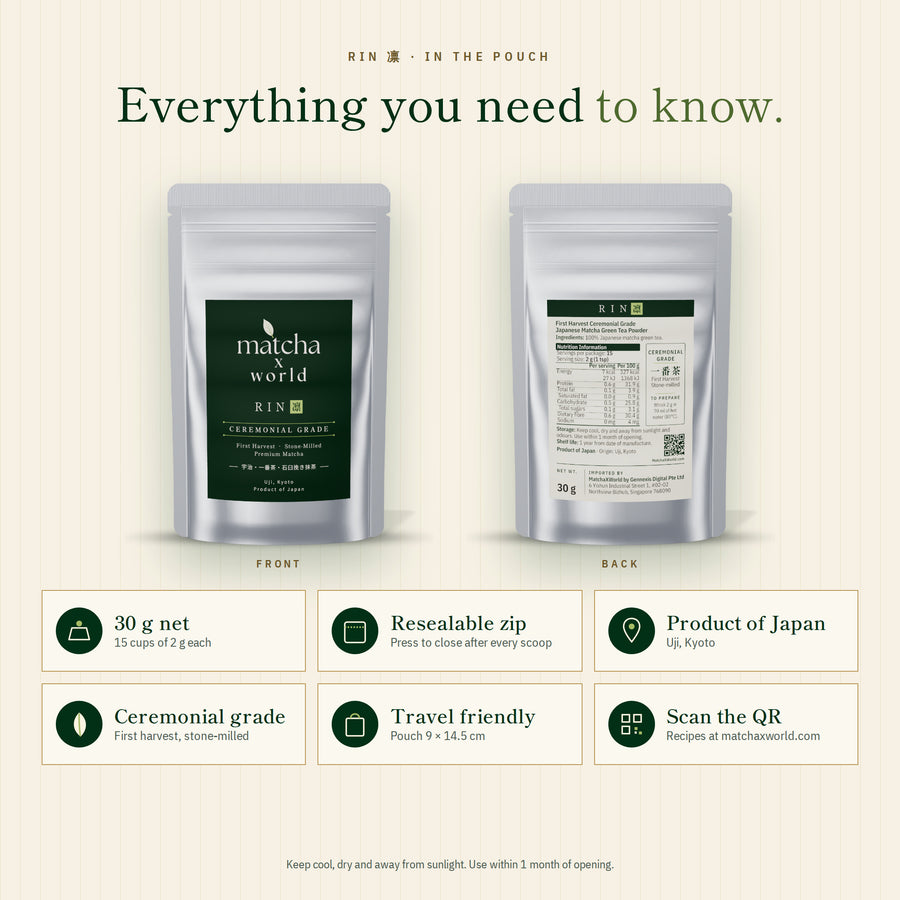RIN 凛 Ceremonial Grade Japanese Matcha Powder, First Harvest, Stone-Milled, Uji Kyoto, 30 g (15 Servings)